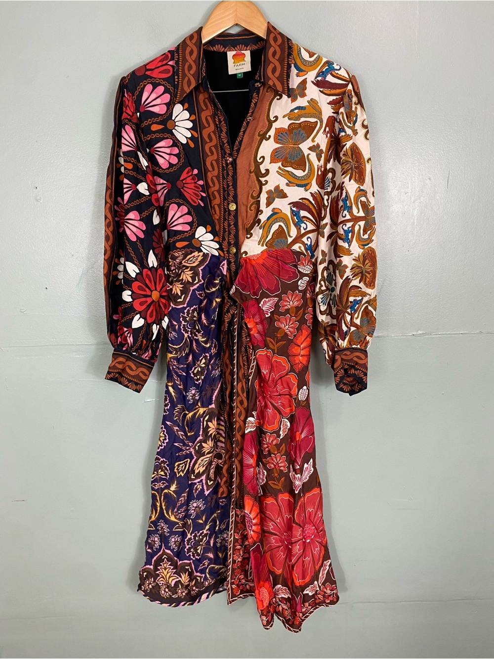 FARM Rio Miranda Long Sleeve Floral Faux Wrap Midi Dress Button Front Chemise M - Picture 2 of 10